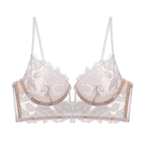 French Style Ultra-thin Sexy Lingerie For Women Deep V Embroidery Water-soluble Lace Bra Underwire Push Up Comfortable Nylon Top
