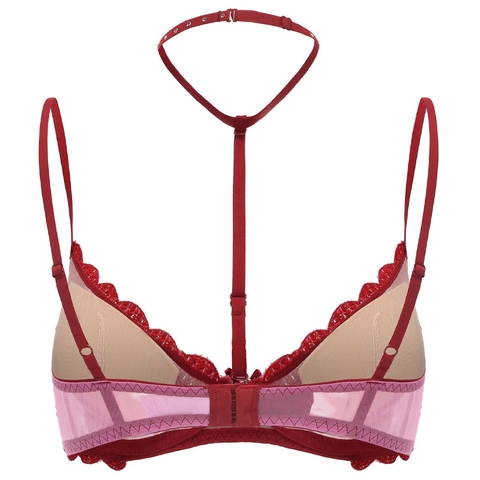 Reggiseno Sexy in Pizzo Francese con Ricamo a Cuore Maglia Choker Strass Push Up Ferretto Coppe Sottili Lingerie Donna
