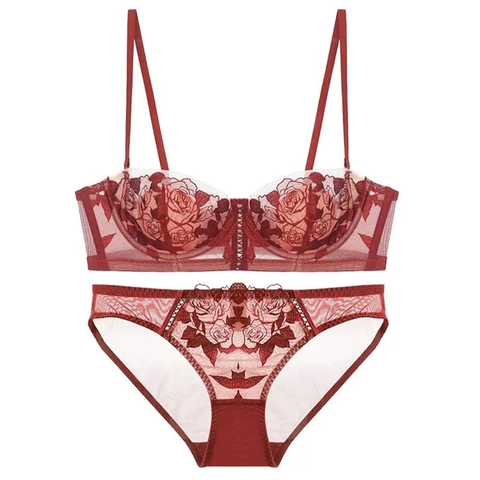 Ensemble de Lingerie Sexy en Dentelle à Broderie Rose Française Avec Soutien-Gorge Minimiseur à Armature Souple et Culotte Femme