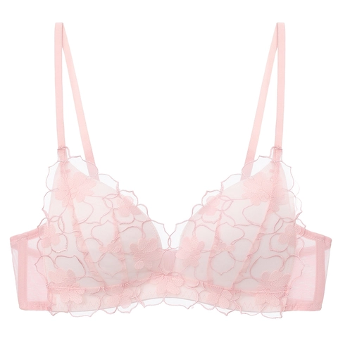 French Style Women Sexy Lace Bra Wireless Triangle Cup Floral Embroidery Crisscross Back Push Up Lingerie Breathable Underwear