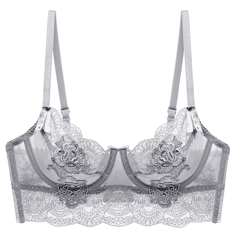 Women's French Sexy Ultra Thin Sheer Lace Bra Floral Embroidery Underwire Minimizer Lingerie Bralette For Daily Date Night