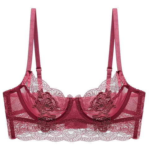 Women's French Sexy Ultra Thin Sheer Lace Bra Floral Embroidery Underwire Minimizer Lingerie Bralette For Daily Date Night
