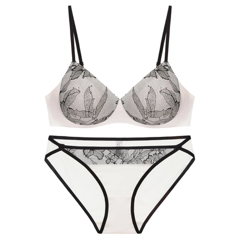 Set Reggiseno e Mutandine da Donna Francese Sexy in Pizzo Ricamo Floreale Sostegno Traspirante Coppa Sottile Set Intimo Senza Ferretto