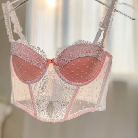 French Style Lace Bustier Bra Polka Dot Mesh Bow Decoration Fishbone Corset Top Thin Cotton Push Up Bra For Women