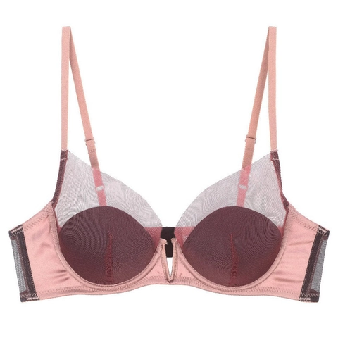 French Style Deep V Mesh Patchwork Sexy Bra Soft Wire Thin Breathable Minimizing Lingerie For Women Daily Wear