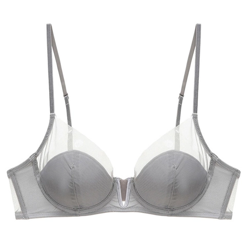 French Style Deep V Mesh Patchwork Sexy Bra Soft Wire Thin Breathable Minimizing Lingerie For Women Daily Wear