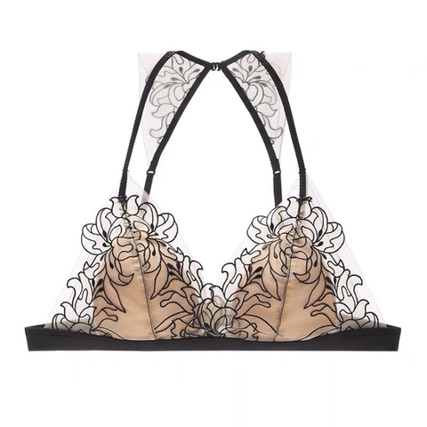 French Style Floral Embroidery Lace Bralette For Women Wireless Triangle Cup Sexy Mesh Lingerie Bra With Adjustable Straps
