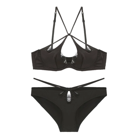 Sexy Set Intimo in Raso e Pizzo Ciglia per Donna Cinturini Incrociati Traforati Set Reggiseno Sottile e Slip con Ferretto Morbido Push Up Intimo