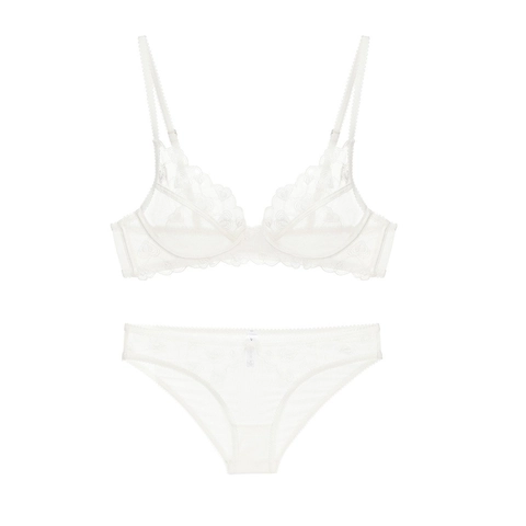 Completo Intimo Sexy Francese Ricamato a Cuore Pizzo Reggiseno con Ferretto e Mutandine in Rete Riduttore Ultrasottile Donna