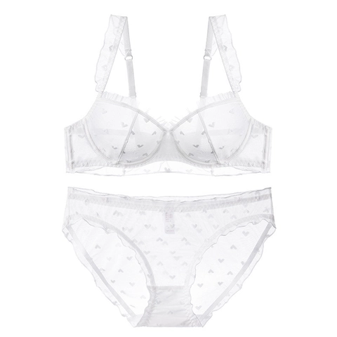 Estilo Francés Sexy Ultra Delgado Sujetador de Encaje Transparente Y Bragas Traje a Juego Patrón de Corazón Volante Lencería Mujer