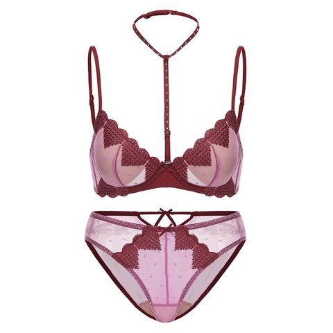Sexy French Lingerie Heart Embroidery Mesh Underwire Bra And Panty With Detachable Rhinestone Halter Neck Strap For Women Push Up Intimates