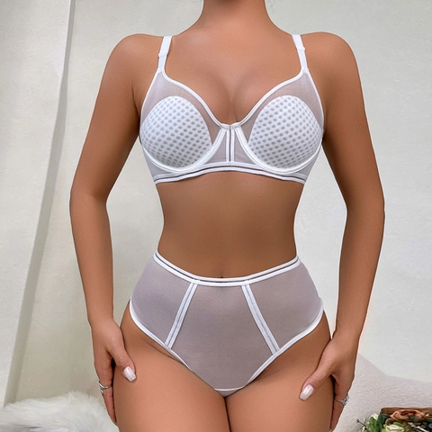 Women Sexy Ultra-thin Mesh Lingerie Top And Bottom Set Large Size Soft Underwire Bra And High Waist Panty Top And Bottom