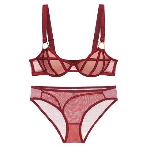 French Style Sexy Thin Mesh Bra Underwire Push Up Top And Bottom Polyamide Spandex Breathable Lingerie For Women