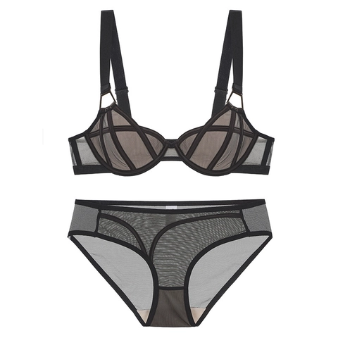 Damen Französisch Stil Sexy Dessous Top Und Unterteil Mesh Transparent Bügel-BH Und Slip Push-Up Atmungsaktiv Weich Verstellbar Breit Träger Unterwäsche