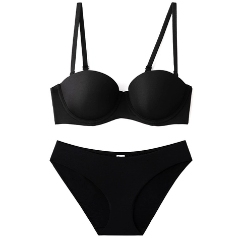 Conjunto de Lencería Push Up Sin Costuras Para Mujer Media Copa Sujetador Sin Tirantes Y Bragas Nailon Liso