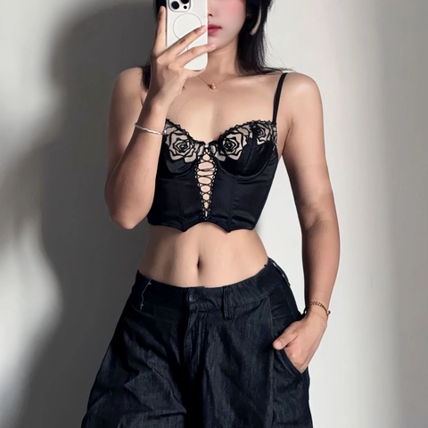 Conjunto Lencería Satén Vintage Francés Bordado Rosas Bustier Hueso Pez Corsé Push-Up Cordones Mujer