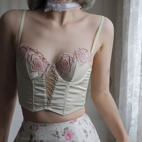 Vintage Französisch Sexy Rosenstickerei Bustier BH Satin Spitze Mesh Korsett Top Für Damen Schlankmachend Push Up Palast Stil Unterwäsche