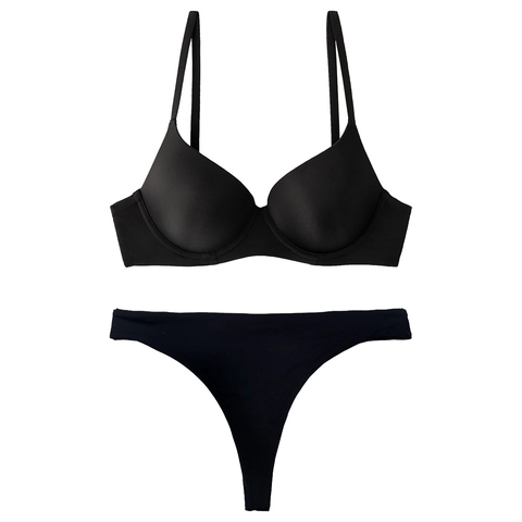 Women Sexy Seamless Bra And Panty Set Smooth Nylon Spandex Push Up Lingerie Set With Adjustable Straps Thong Top And Bottom