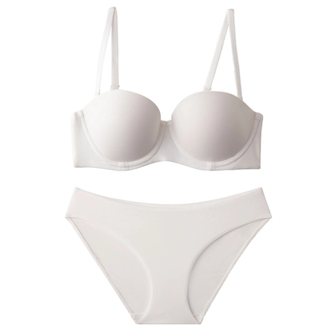 Conjunto de Lencería Push Up Sin Costuras Para Mujer Media Copa Sujetador Sin Tirantes Y Bragas Nailon Liso