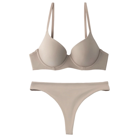 Lingerie Sans Couture Sexy pour Femmes Soutien-Gorge à Bonnet Moulé Mince Et Slip Thong Deux Parties Sous-Vêtements Sans Fil Couleur Unie