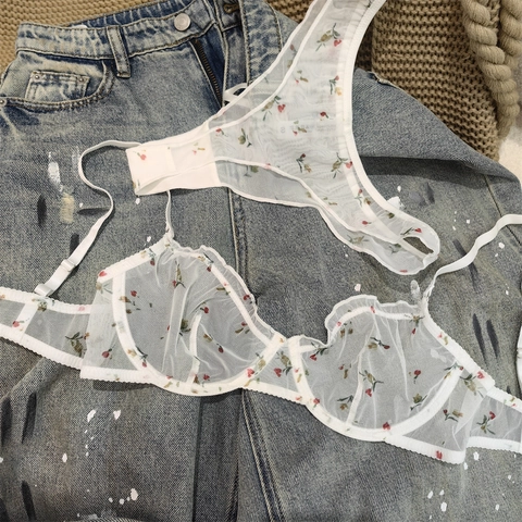 Lencería Sexy de Encaje Floral Estilo Francés para Mujer Sujetador Y Braguita Volantes Ropa Interior con Aros Ultra Fina