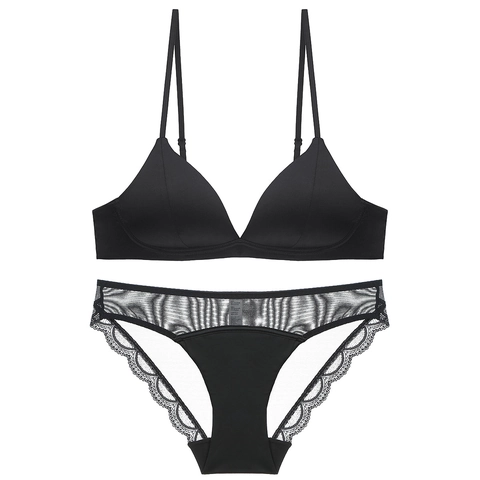 Französische Sexy Lingerie Für Damen Spitze Satin Triangel-Cup Bügellos BH Und Höschen Kombination Bralette Unterwäsche