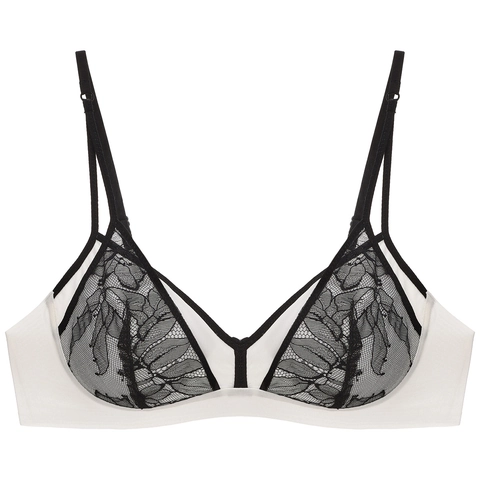 Women's French Style Lace Bra Wireless Thin Cup Gathered Sexy Lingerie Contrast Color Comfortable Breathable Bralette