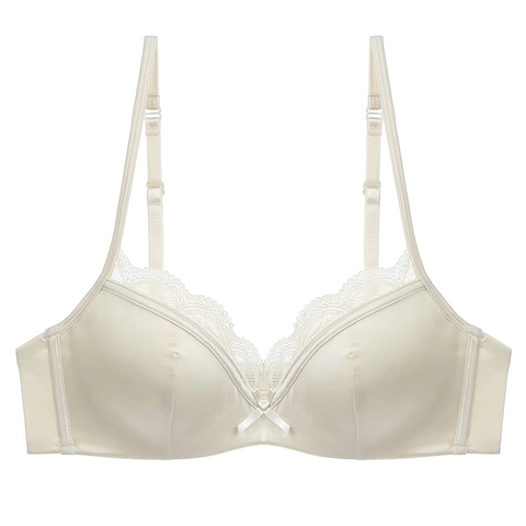 Damen Sexy Französischer Stil Dünner Glänzender Satin BH Mit Spitzenkante Blumenmuster Schleifen Dekor Bügel Everyday BH