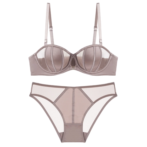 Women's French Sexy Lingerie Set Satin Mesh Seamless Thin Bra And Panty Set Strapless Anti-Slip Versatile Underwear Set