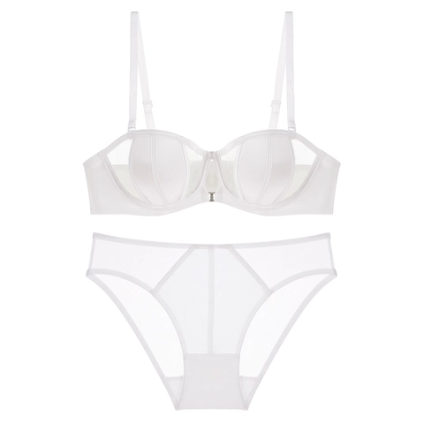 Women French Sexy Satin Lingerie Set Front Buckle Mesh Splicing Minimizer Bra And Panties Set With Rhinestone Decor