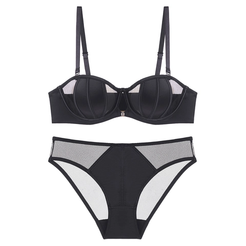 Women French Sexy Satin Lingerie Set Front Buckle Mesh Splicing Minimizer Bra And Panties Set With Rhinestone Decor