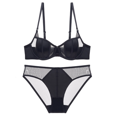 French Sexy Satin Mesh Lingerie Set Front Closure Push Up Thin Padded Bra And Panty Set For Women Underwear