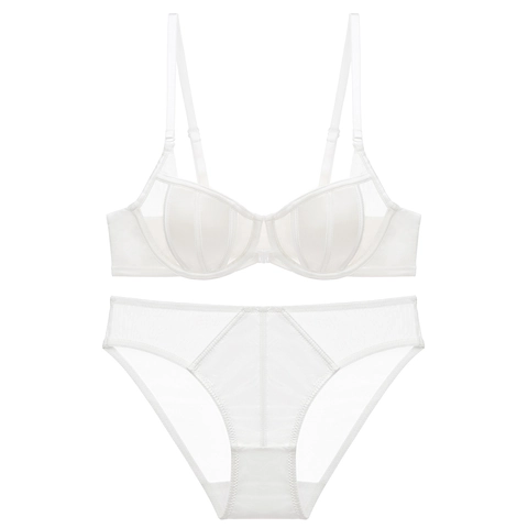 French Sexy Satin Mesh Lingerie Set Front Closure Push Up Thin Padded Bra And Panty Set For Women Underwear
