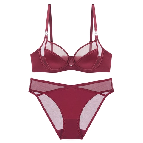 Completo Intimo Donna Sexy Francese in Raso e Maglia Reggiseno e Mutandine Push Up Minimizer Ferretto Nero Bianco Rosso Nude