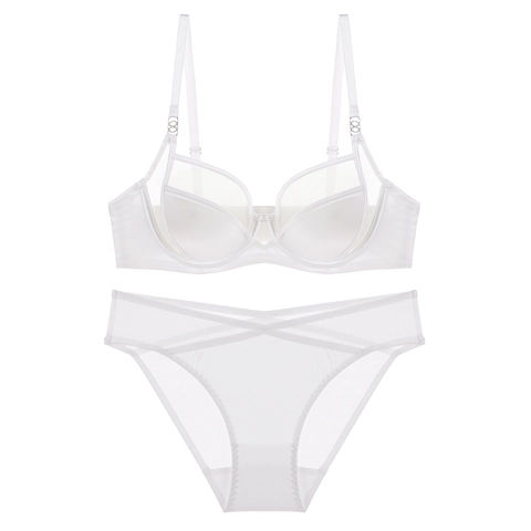 Completo Intimo Donna Sexy Francese in Raso e Maglia Reggiseno e Mutandine Push Up Minimizer Ferretto Nero Bianco Rosso Nude