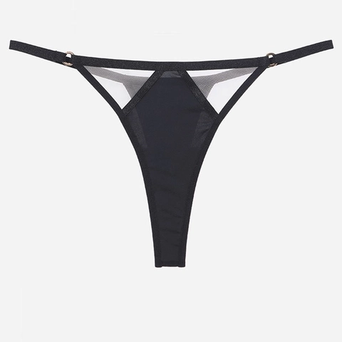 Women Sexy Low Waist Seamless Panties Mesh Patchwork Thong And Briefs With Metal Ring Decoration Nylon Underwear