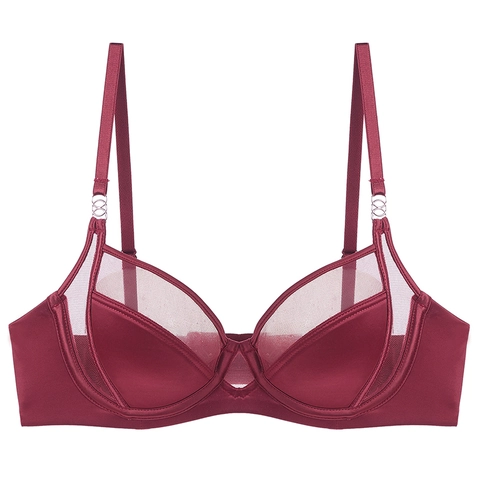 Sexy French Satin Mesh Splicing Bra For Women Underwired Thin Cup Minimizer Lingerie Glossy Elegant Push Up Support Bra