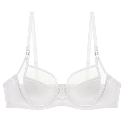 Sexy French Satin Mesh Splicing Bra For Women Underwired Thin Cup Minimizer Lingerie Glossy Elegant Push Up Support Bra