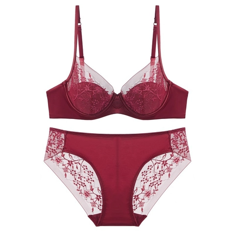 Sext Französischer Stil Spitze Stickerei BH Und Höschen Set Dünne Geformte Cup Mit Bügel Lingerie Für Damen Atmungsaktive Satin Patchwork Unterwäsche