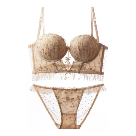 Sexy Women Lace Floral Embroidery Lingerie Polka Dot Mesh Push Up Bra And Panty U Back Bow Decor Underwear