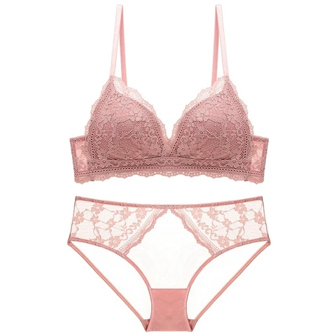French Style Lace Lingerie Top And Bottom For Women Wireless Triangle Cup Thin Cotton Bra And Panty Gathered Push Up Underwear