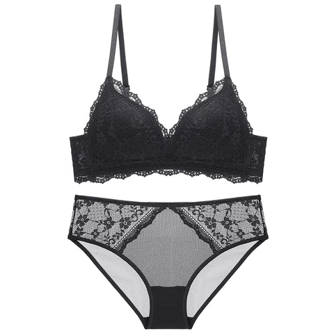 French Style Lace Lingerie Top And Bottom For Women Wireless Triangle Cup Thin Cotton Bra And Panty Gathered Push Up Underwear