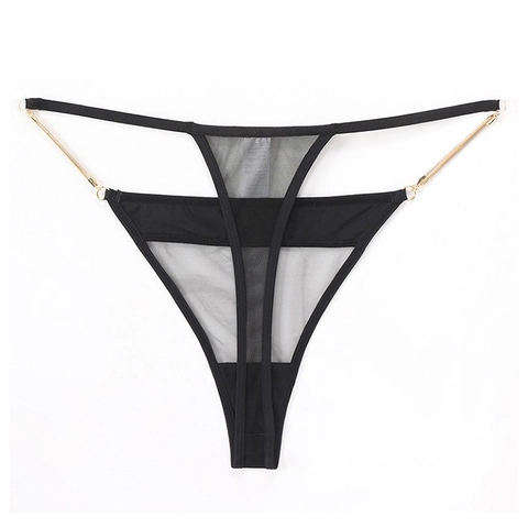 Women Sexy Black Mesh Thong Low Waist Seamless T-Back Panty With Gold Metal Accent Luxury Breathable Lingerie Underwear