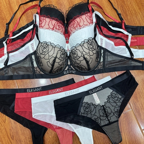 Rose Embroidery Lace Lingerie Bra And Panty Sexy Push Up Rhinestone Underwear Elegant Letter Ribbon Women Underwear
