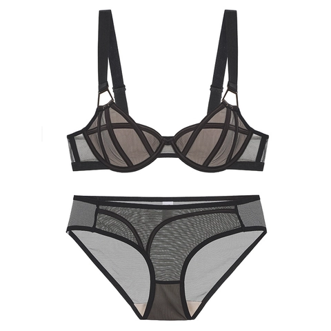 Set Intimo Sexy Francese Reggiseno Con Ferretto Sottile a Bretelle Larghe E Mutandine in Maglia Trasparente Per Donna