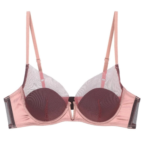 Französischer Stil Tiefer V-Ausschnitt Mesh Patchwork Sexy BH Weicher Bügel Dünn Atmungsaktiv Minimierung Damen Lingerie