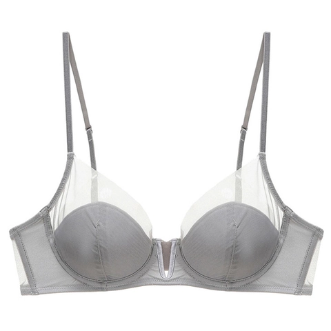 Französischer Stil Tiefer V-Ausschnitt Mesh Patchwork Sexy BH Weicher Bügel Dünn Atmungsaktiv Minimierung Damen Lingerie