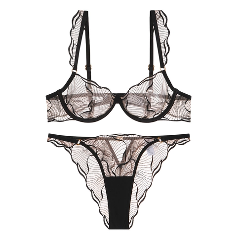 Französischer Spitzen-BH Und Höschen Für Damen Sexy Bestickt Mesh Mit Bügel Ultradünn Atmungsaktiv Dessous Unterwäsche