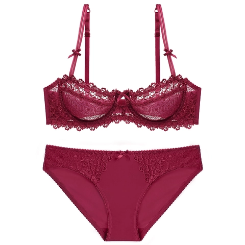 Intimo Sexy Ricamo Floreale In Pizzo Per Donna Reggiseno Con Ferretto 1/2 Coppa E Mutandine Lingerie Decorata Fiocco