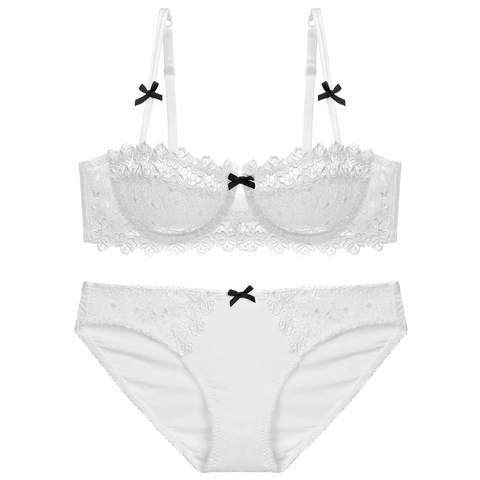 Intimo Sexy Ricamo Floreale In Pizzo Per Donna Reggiseno Con Ferretto 1/2 Coppa E Mutandine Lingerie Decorata Fiocco